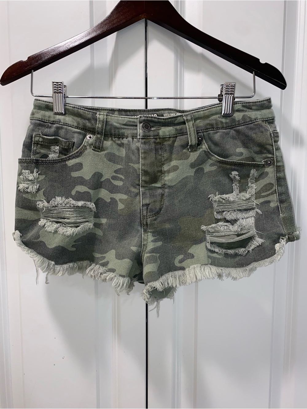 Mossimo Supply Co. Green Camo Distressed High Waist Shorts